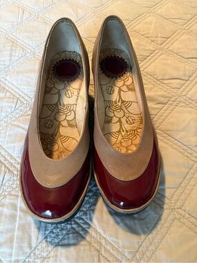 Fly London Two-Tone Burgundy and Beige Patent Leather Flats